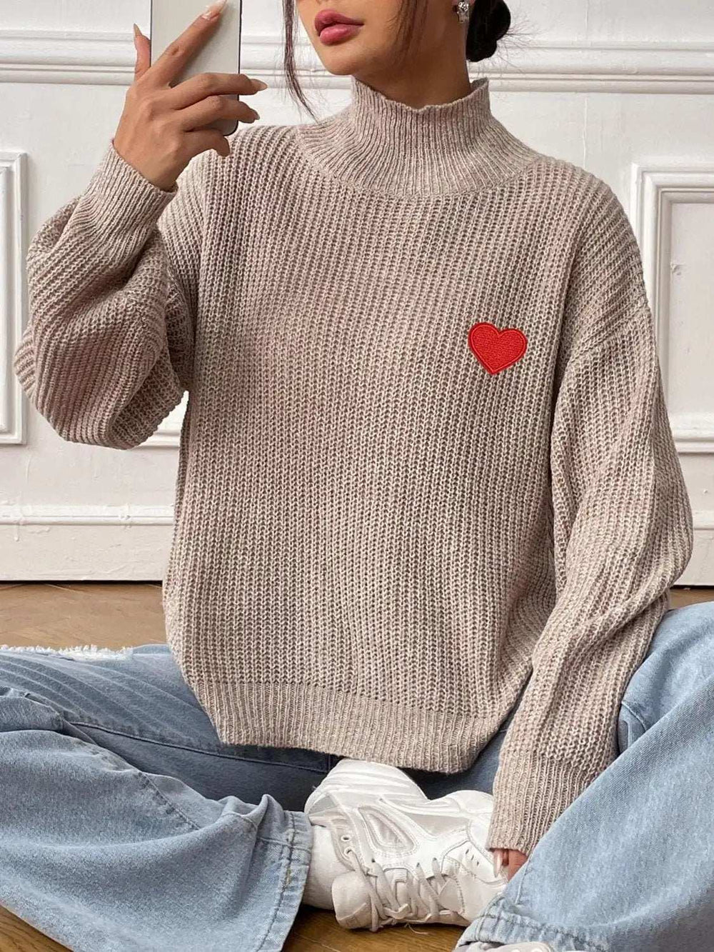 Heart Turtleneck Dropped Shoulder Long Sleeve Sweater - Trendsi - Flyclothing LLC