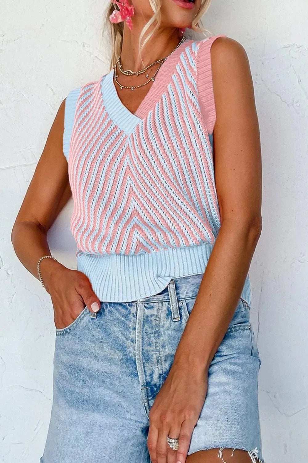 V-Neck Contrast Sweater Vest - Trendsi - Flyclothing LLC