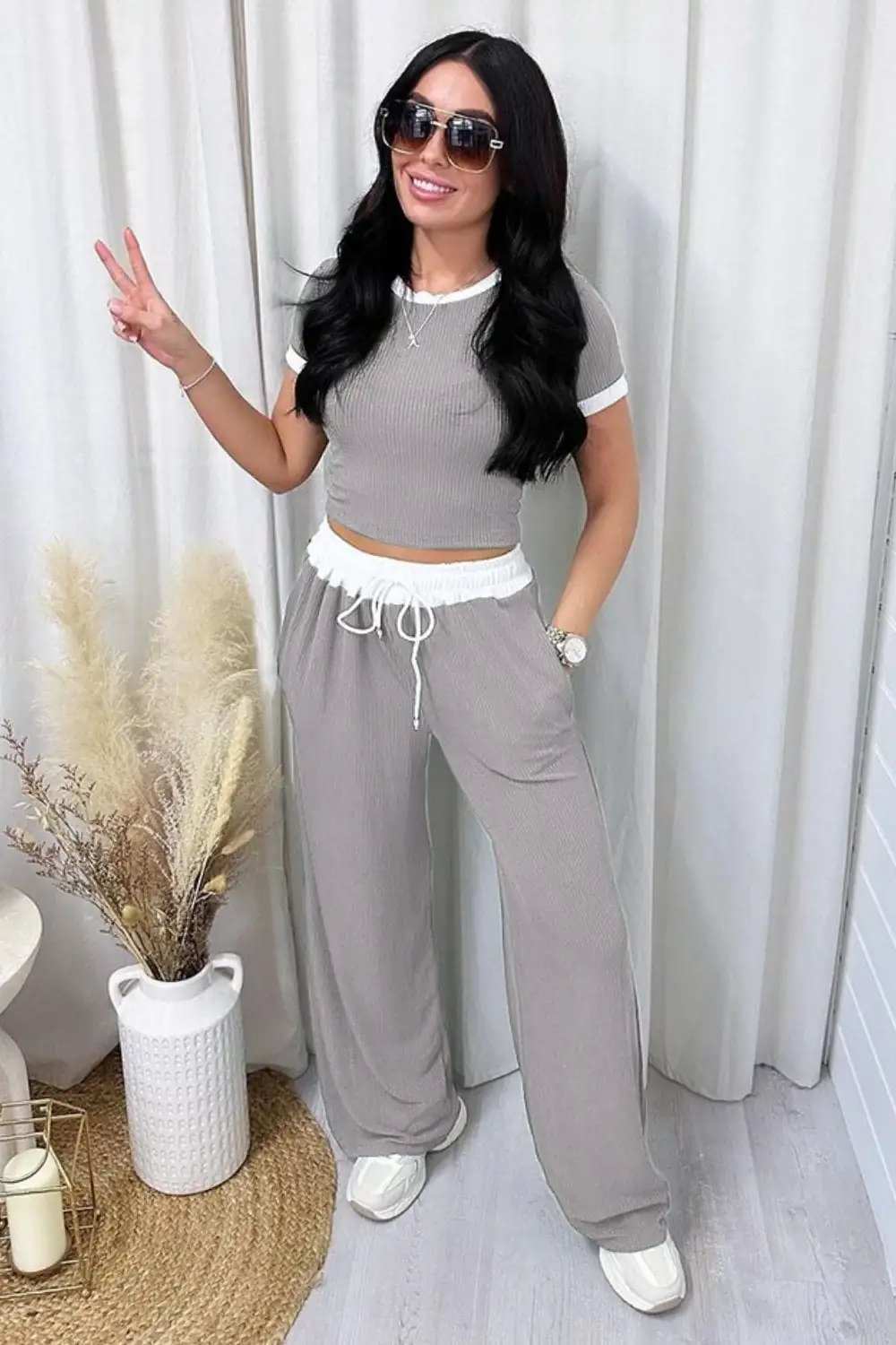 Contrast Trim Round Neck Top and Pants Set - Trendsi - Flyclothing LLC