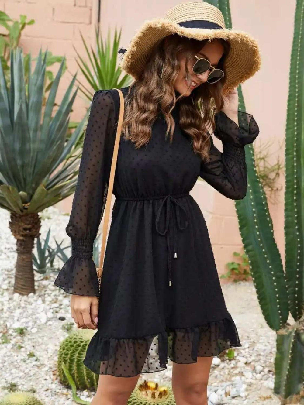 Mock Neck Flounce Sleeve Mini Dress - Trendsi - Flyclothing LLC