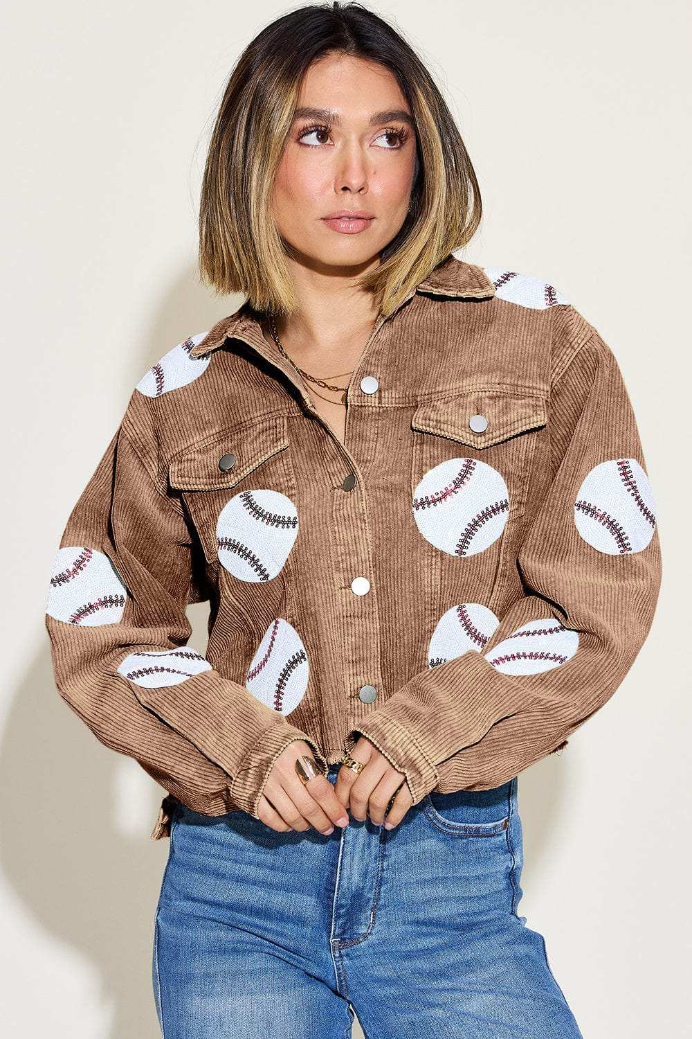 Baseball Sequin Dropped Shoulder Raw Hem Jacket - Trendsi - Flyclothing LLC