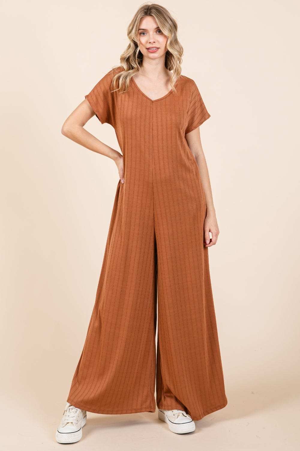 BOMBOM Ribbed Short Sleeve Wide Leg Jumpsuit - Trendsi - Flyclothing LLC