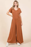 BOMBOM Ribbed Short Sleeve Wide Leg Jumpsuit - Trendsi - Flyclothing LLC