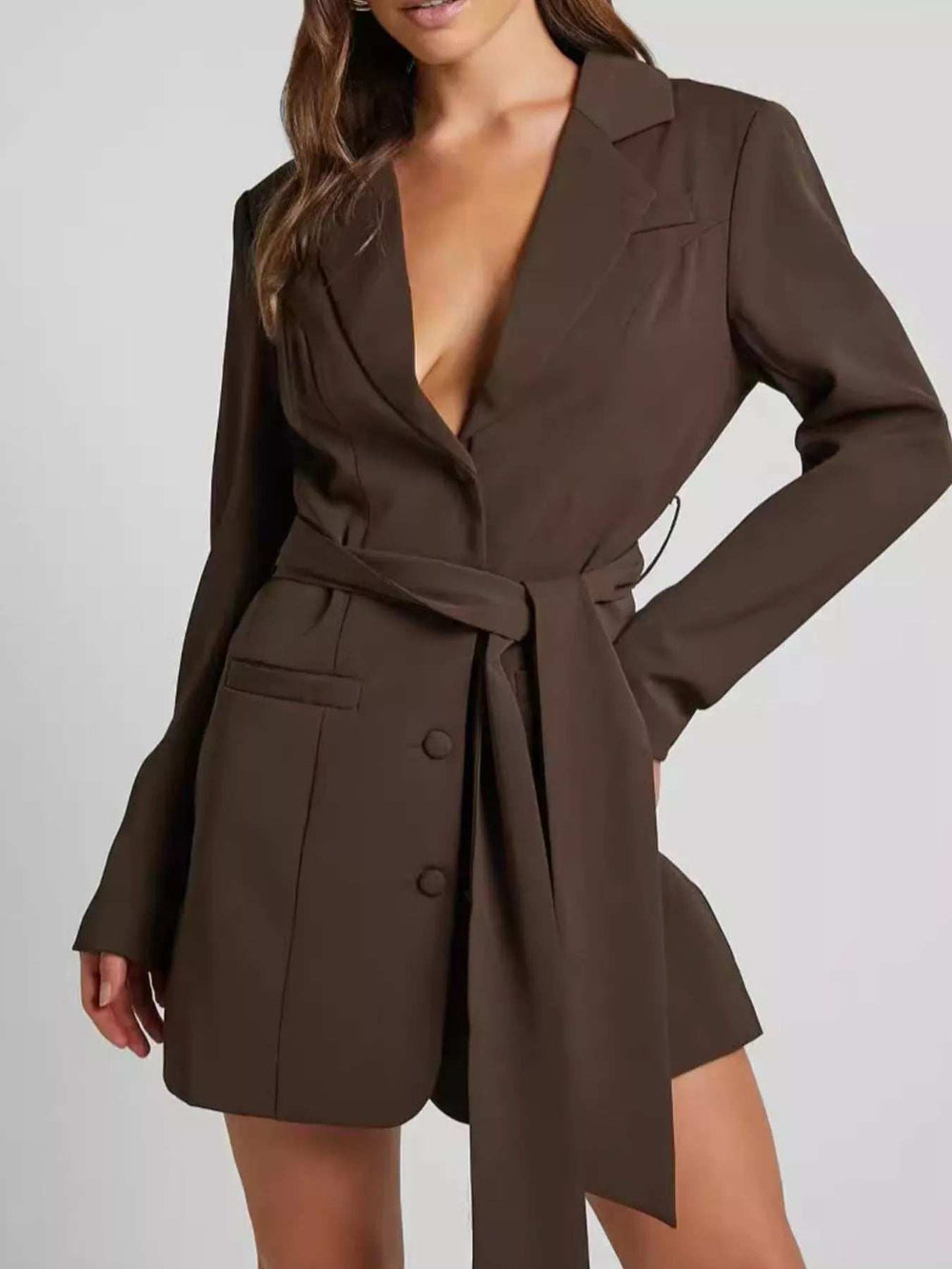 Lapel Collar Tie Waist Blazer - Trendsi - Flyclothing LLC