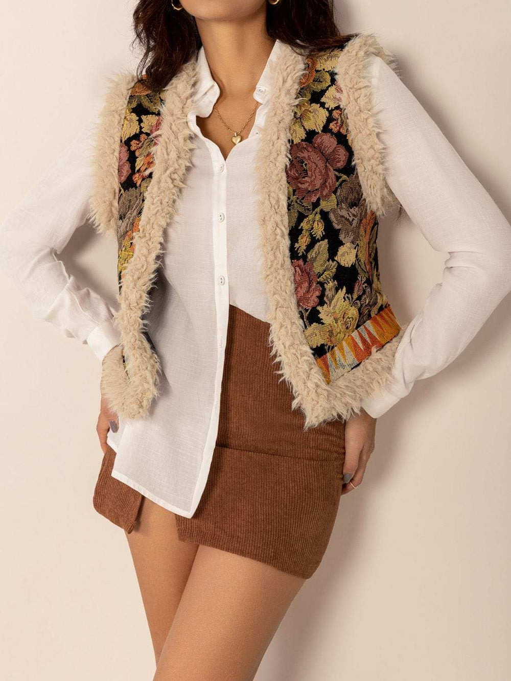 Embroidered Fuzzy Trim Open Front Vest Coat - Trendsi - Flyclothing LLC