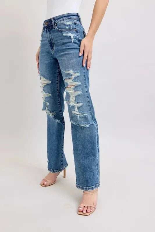 Judy Blue Full Size High Waist Heavy Destroy Straight Jeans Plus Size - Trendsi - Flyclothing LLC