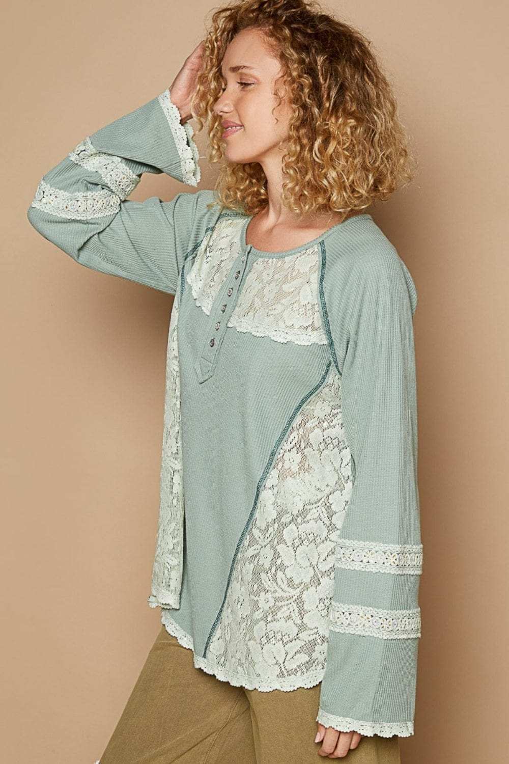 POL Round Neck Long Sleeve Lace Trim Thermal Top - Trendsi - Flyclothing LLC