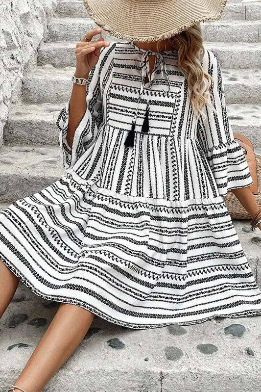 Printed Tie Neck Three-Quarter Sleeve Mini Dress - Trendsi - Flyclothing LLC