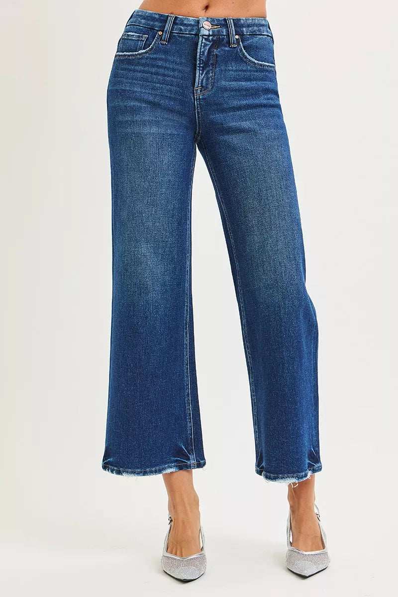 RISEN Tummy Control 4 Way Stretch High Rise Crop Wide Leg Jeans - Trendsi - Flyclothing LLC