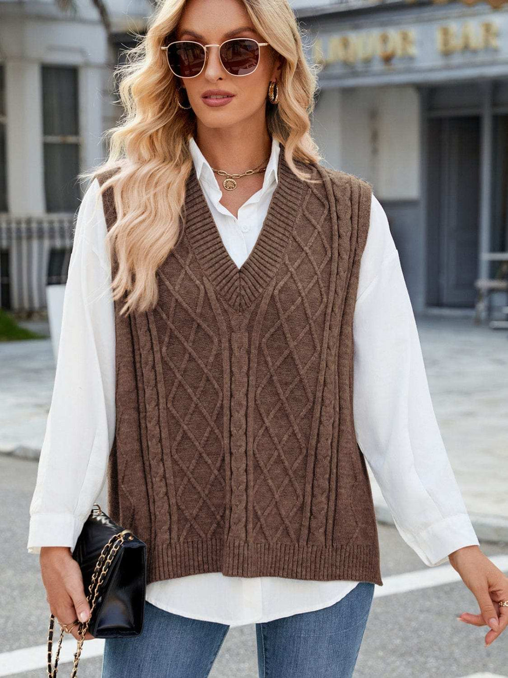 Cable Knit V-Neck Sweater Vest - Trendsi - Flyclothing LLC