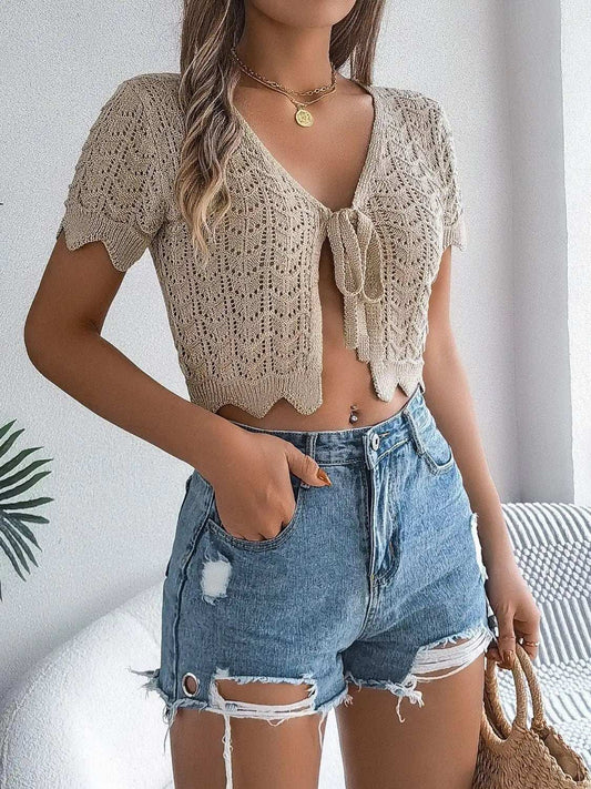 Tied Openwork Short Sleeve Cardigan - Trendsi - Flyclothing LLC