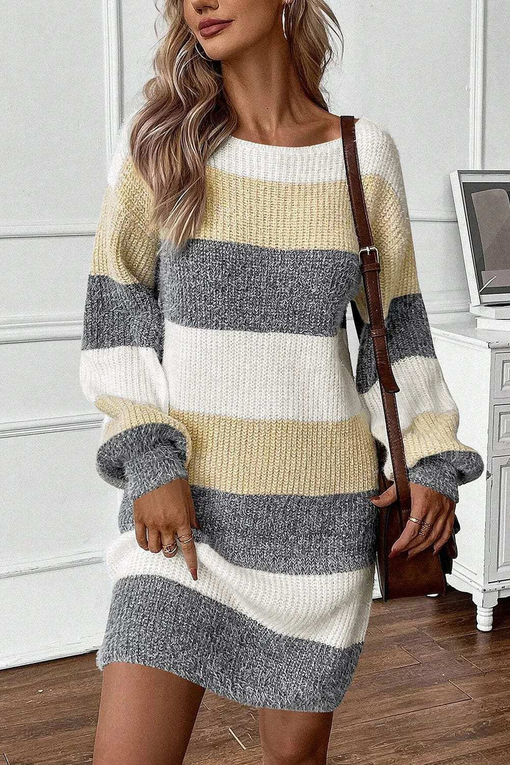 Color Block Boat Neck Long Sleeve Sweater Dress - Trendsi - Flyclothing LLC