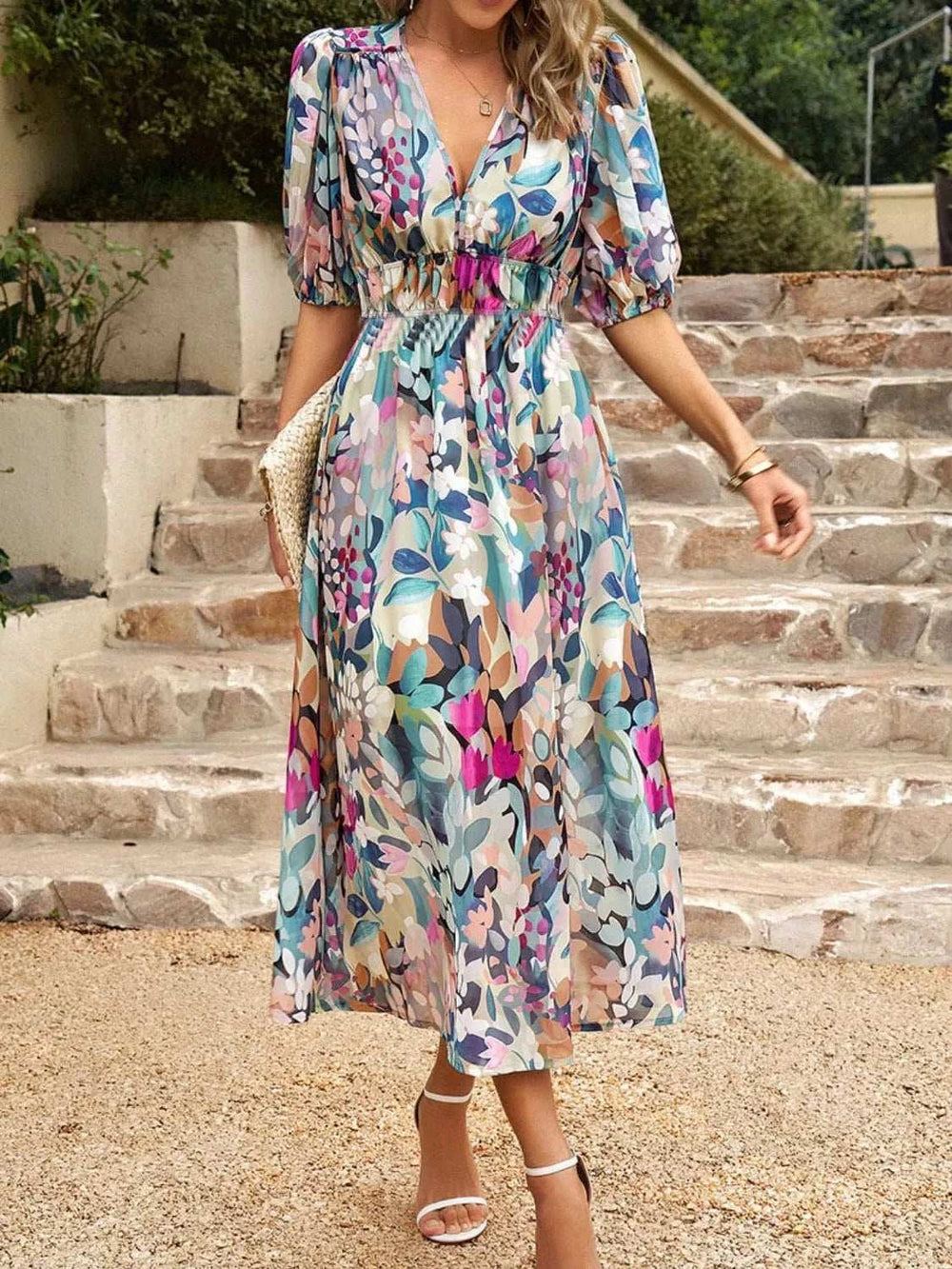 Printed Puff Sleeve Midi Dress - Trendsi - Flyclothing LLC