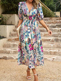 Printed Puff Sleeve Midi Dress - Trendsi - Flyclothing LLC
