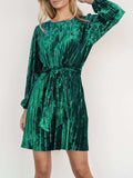 Velvet Round Neck Tie Waist Long Sleeve Mini Dress - Trendsi - Flyclothing LLC