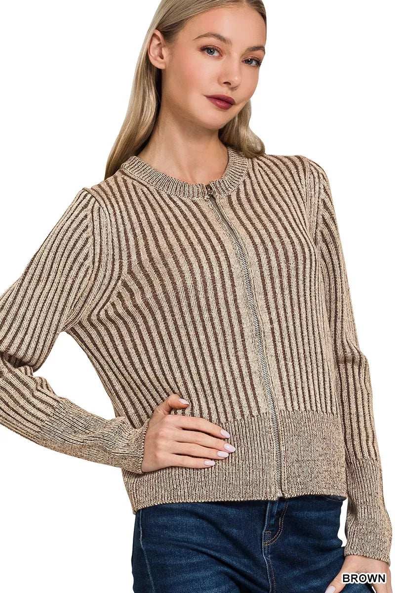 Zenana Ribbed Two Tone Zip Up Sweater Cardigan - Trendsi - Flyclothing LLC