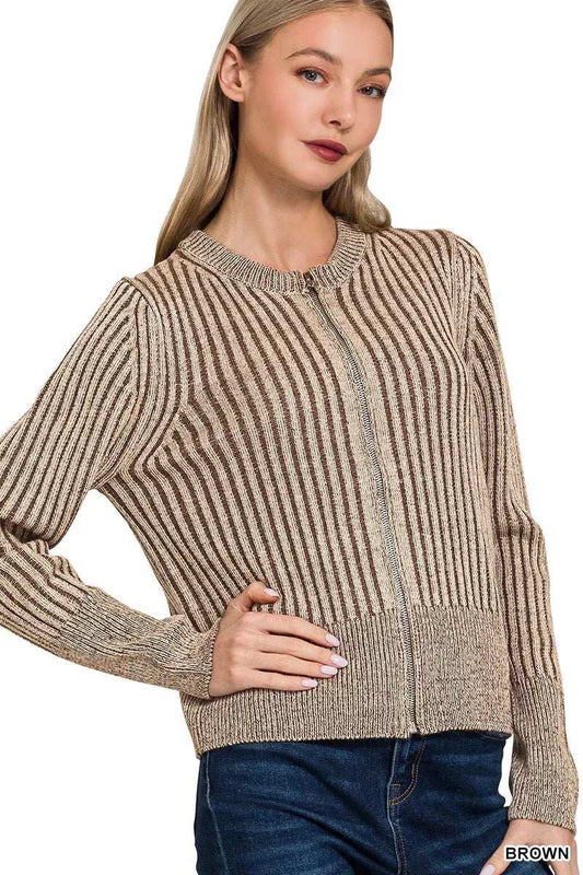 Zenana Ribbed Two Tone Zip Up Sweater Cardigan - Trendsi - Flyclothing LLC