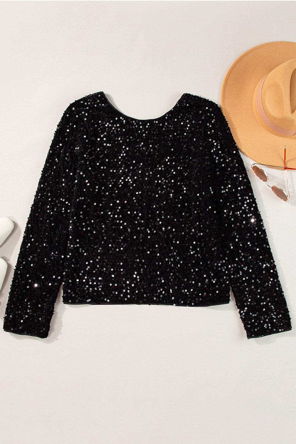 Sequin Round Neck Long Sleeve Blouse - Trendsi - Flyclothing LLC
