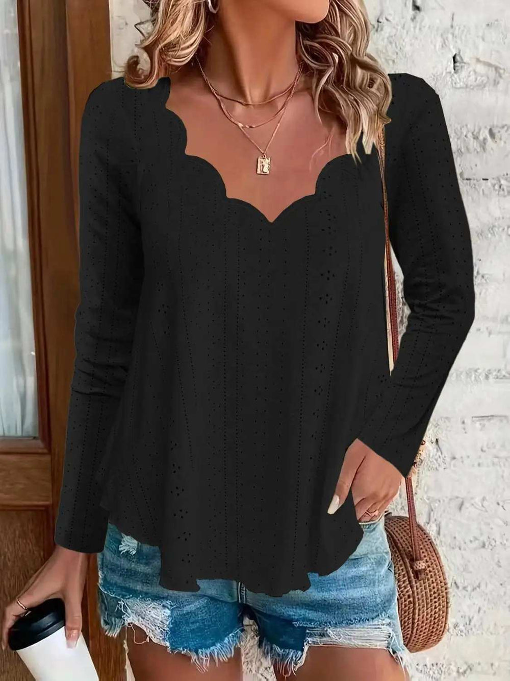 Eyelet Long Sleeve Blouse - Trendsi - Flyclothing LLC