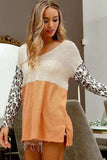 BiBi Color Block Leopard V Neck Knit Top - Trendsi - Flyclothing LLC