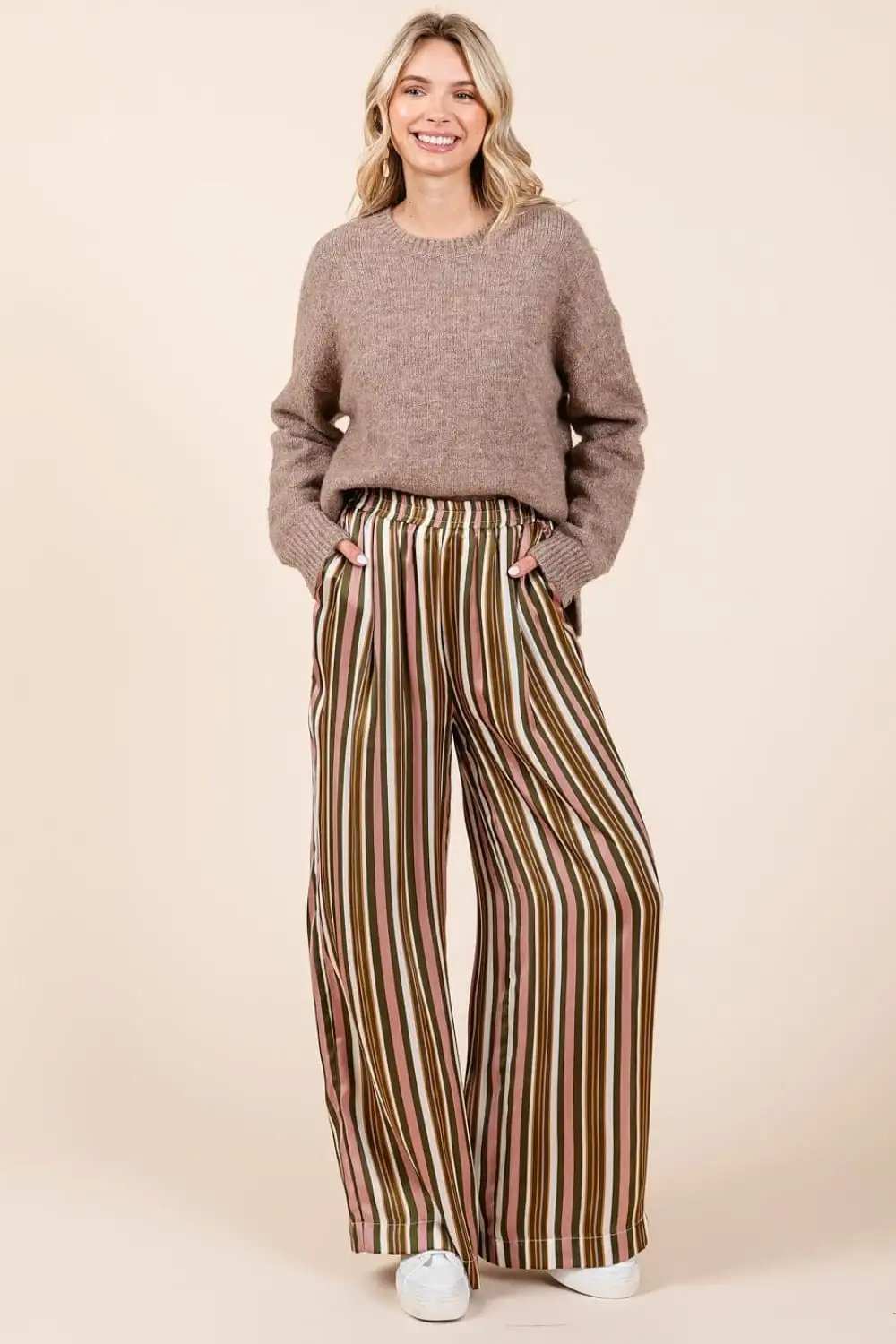 Mittoshop Striped Satin Elastic Waist Wide Leg Pants - Trendsi - Flyclothing LLC