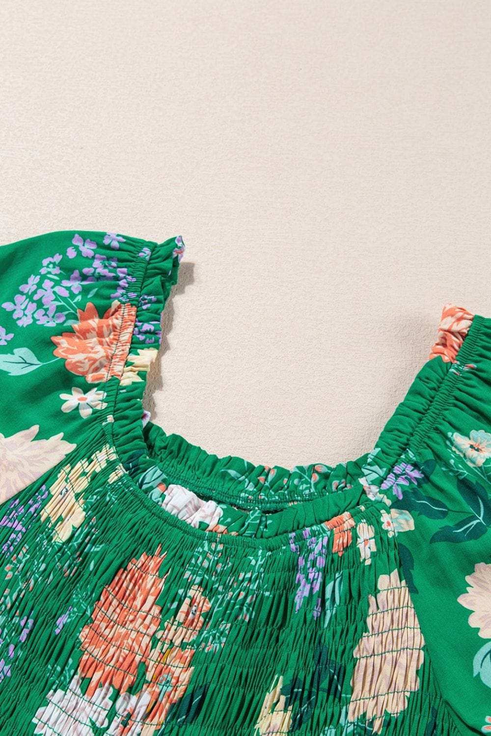 Floral Print Bubble Sleeve Smocked Tiered Midi Dress - Trendsi - Flyclothing LLC