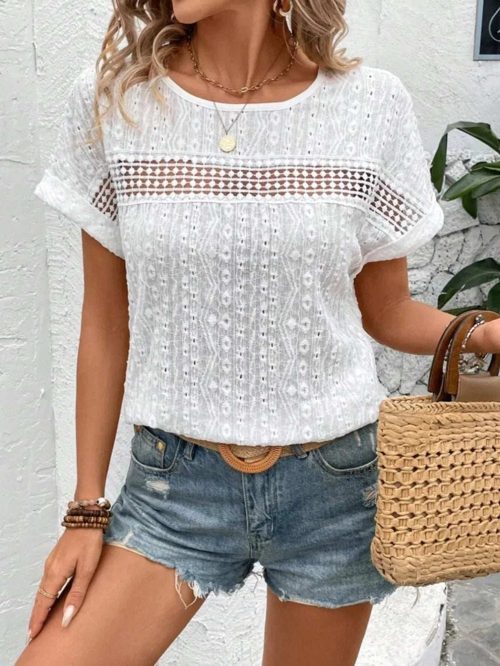 Eyelet Round Neck Short Sleeve Top - Trendsi - Flyclothing LLC