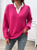 Lace Detail Notched Long Sleeve Sweater - Trendsi - Flyclothing LLC
