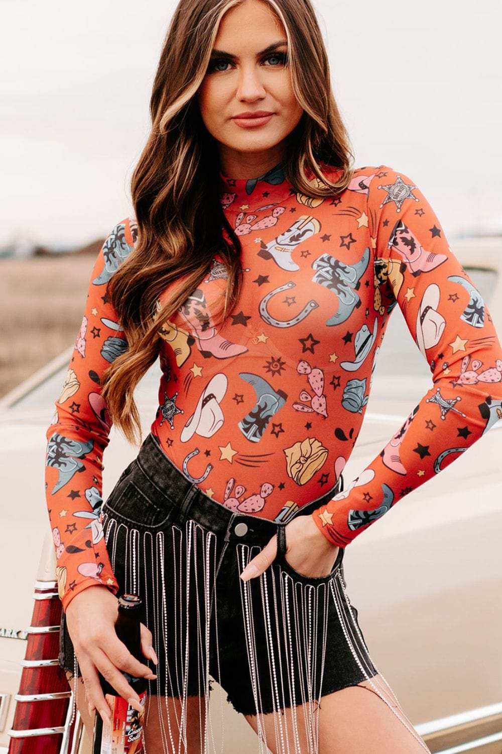 Printed Mock Neck Long Sleeve Bodysuit - Trendsi - Flyclothing LLC