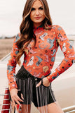 Printed Mock Neck Long Sleeve Bodysuit - Trendsi - Flyclothing LLC