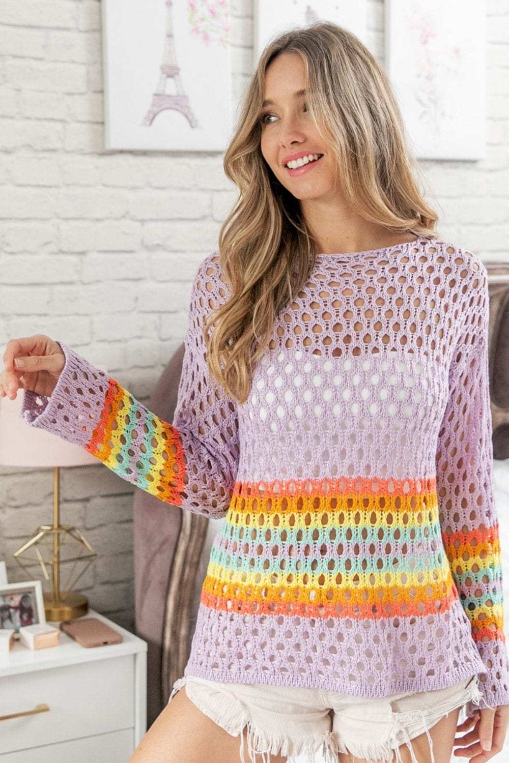 BiBi Rainbow Stripe Hollow Out Cover Up - Trendsi - Flyclothing LLC