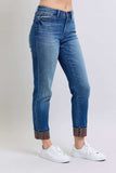 Judy Blue Full Size Plaid Print Cuff Straight Leg Jeans with Pockets - Trendsi - Flyclothing LLC