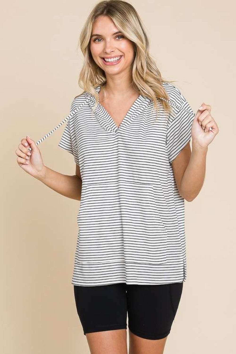 Culture Code Full Size Striped Short Sleeve Hooded Top - Trendsi - Flyclothing LLC