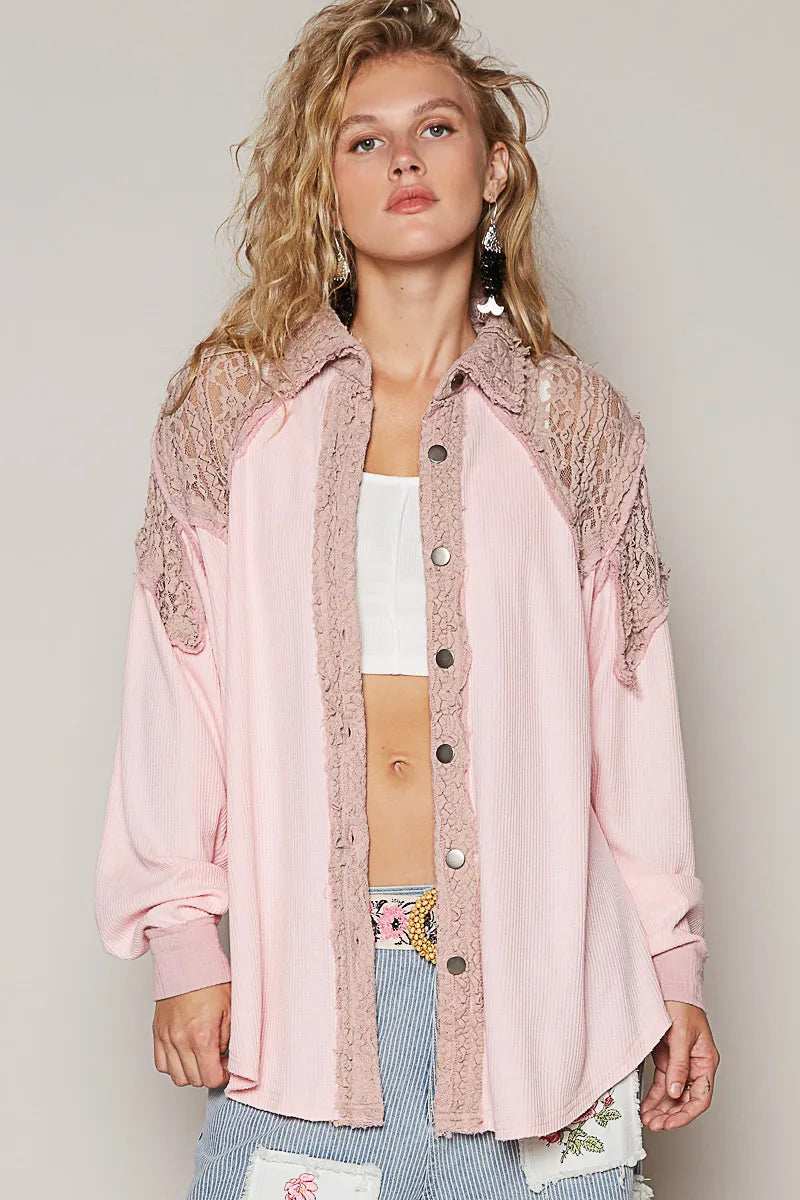 POL Lace Patchwork Button Up Shacket - Trendsi - Flyclothing LLC