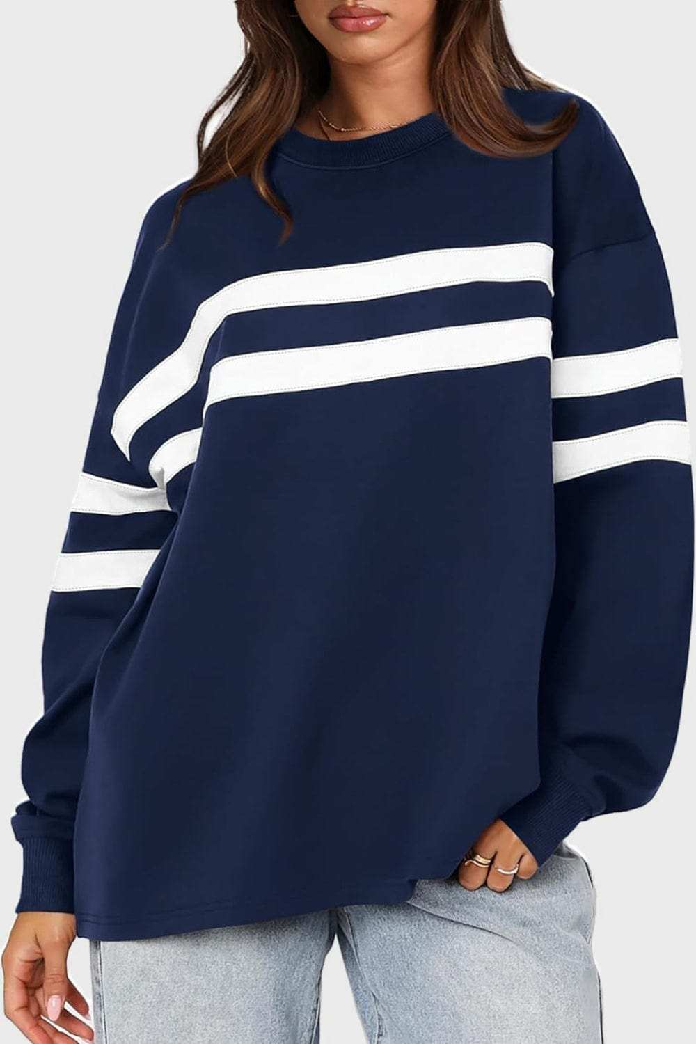 Lovelet Striped Round Neck Dropped Shoulder Sweatshirt - Trendsi - Flyclothing LLC