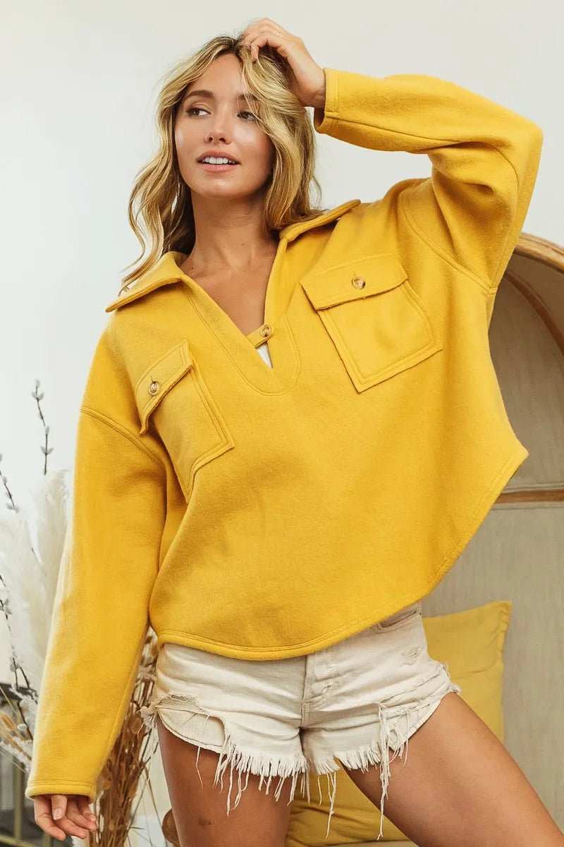 BiBi Flap Pockets Fleece Collared Sweatshirt - Trendsi - Flyclothing LLC