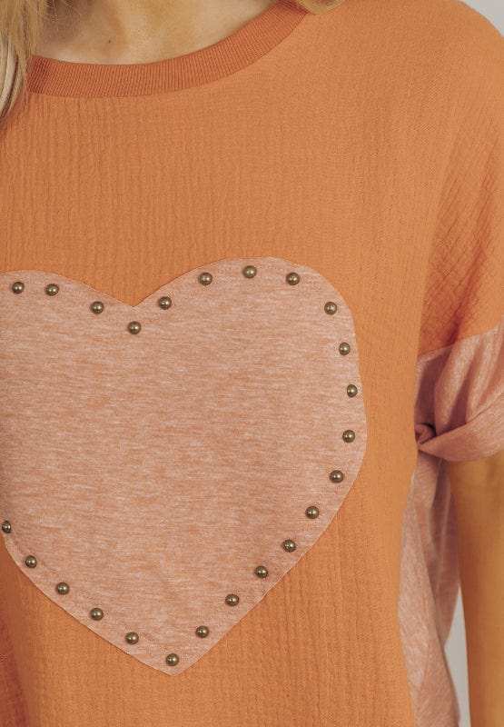 Stud Heart Patch Round Neck Short Sleeve T-Shirt - Trendsi - Flyclothing LLC