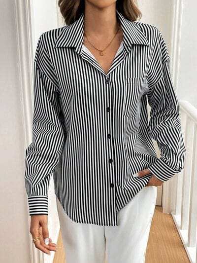 Cutout Bow Back Striped Collared Neck Long Sleeve Shirt - Trendsi - Flyclothing LLC