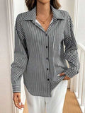 Cutout Bow Back Striped Collared Neck Long Sleeve Shirt - Trendsi - Flyclothing LLC