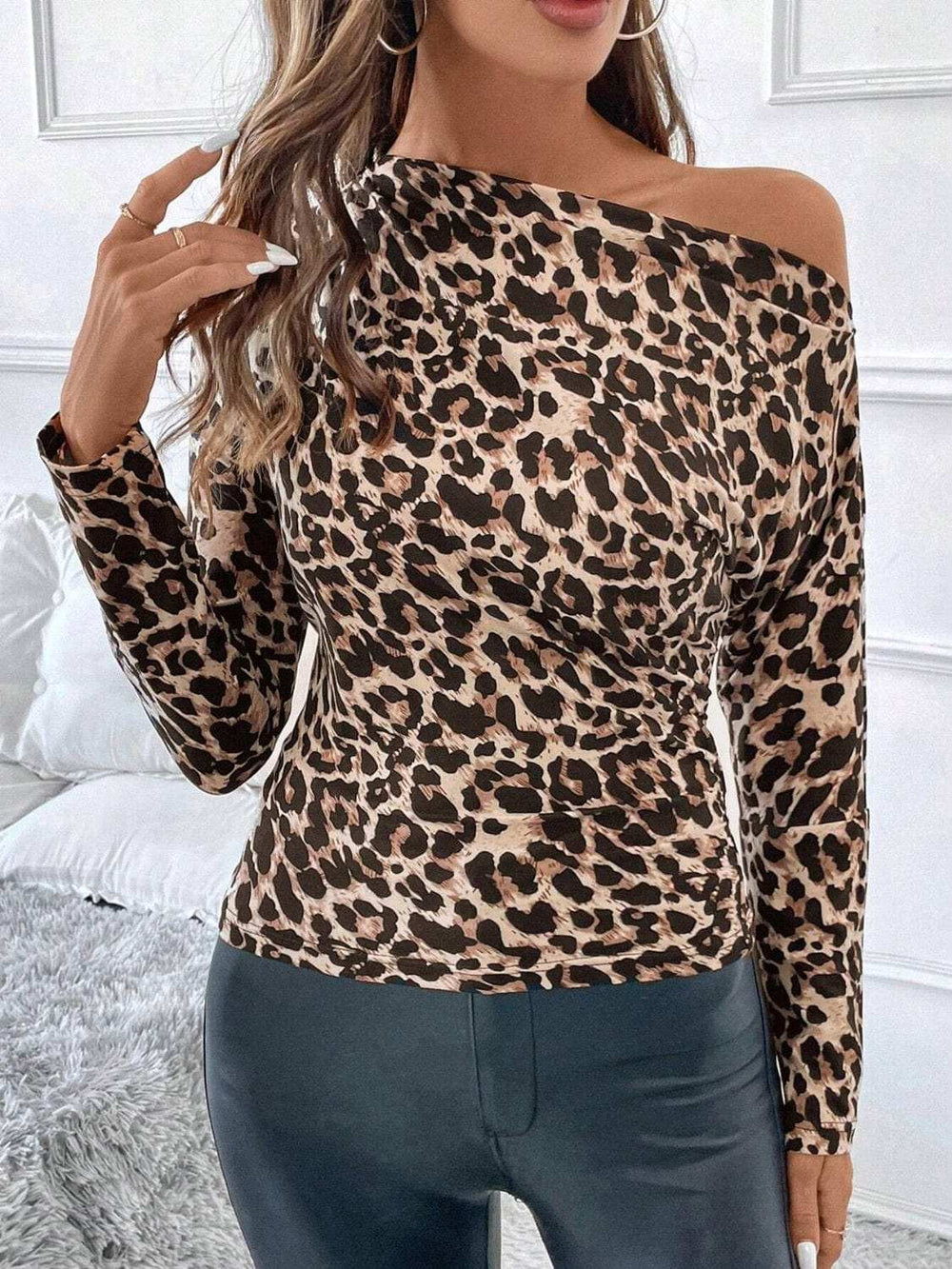 Leopard One Shoulder Long Sleeve T-Shirt - Trendsi - Flyclothing LLC