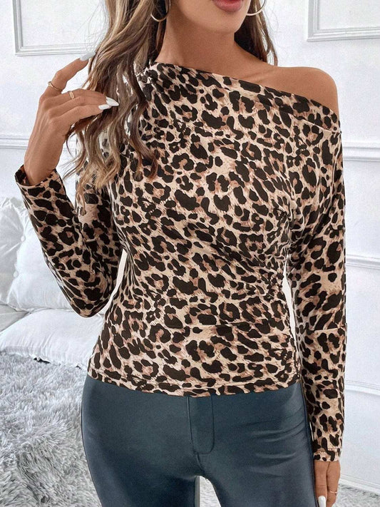 Leopard One Shoulder Long Sleeve T-Shirt - Trendsi - Flyclothing LLC