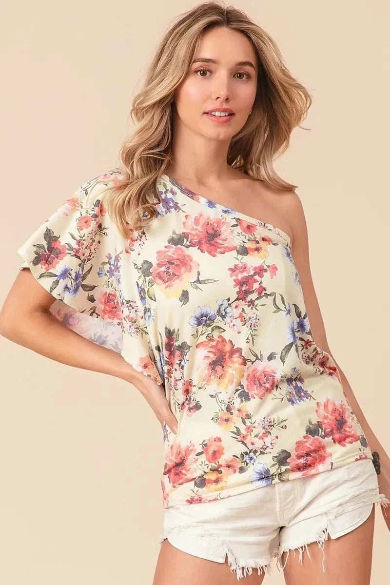 BiBi Floral Printed Jersey Knit Ruffle Sleeve Top - Trendsi - Flyclothing LLC