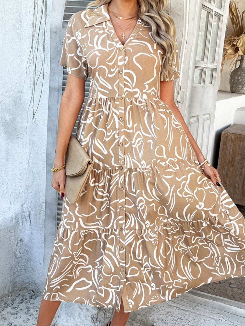 Devine Printed Johnny Collar Button Down Short Sleeve Midi Shirt Dress - Trendsi - Flyclothing LLC