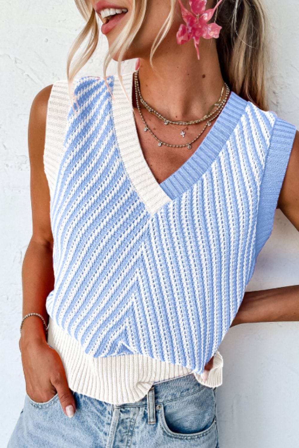 Striped Contrast V-Neck Sweater Vest - Trendsi - Flyclothing LLC