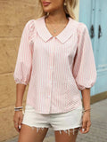 Striped Button Down 3/4 Sleeve Shirt - Trendsi - Flyclothing LLC