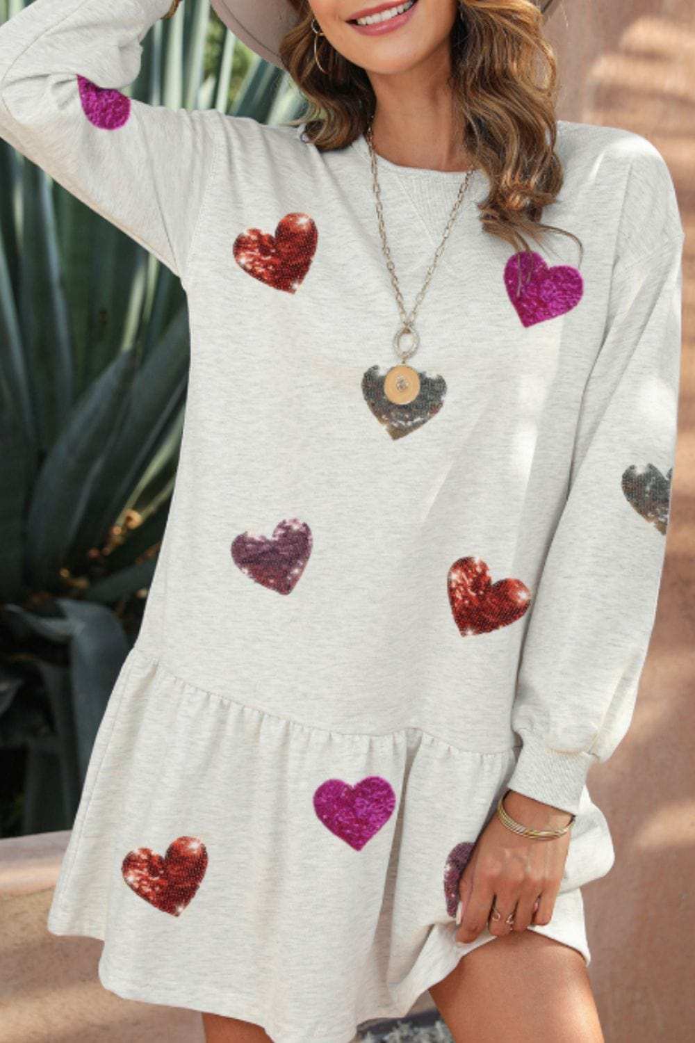 Sequin Heart Round Neck Long Sleeve Mini Dress - Trendsi - Flyclothing LLC