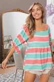 BiBi Stripe Printed Bubble Woven Balloon Sleeves Top - Trendsi - Flyclothing LLC