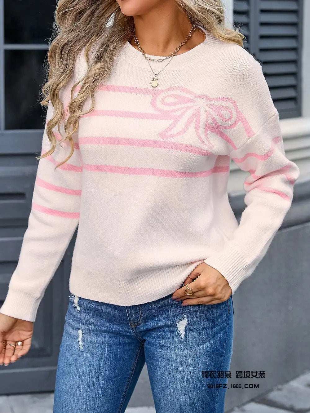 Striped Round Neck Long Sleeve Sweater - Trendsi - Flyclothing LLC