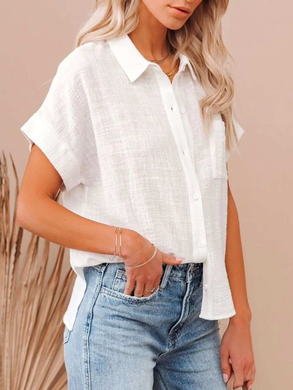Full Size Button Up Short Sleeve Shirt Plus Size - Trendsi - Flyclothing LLC
