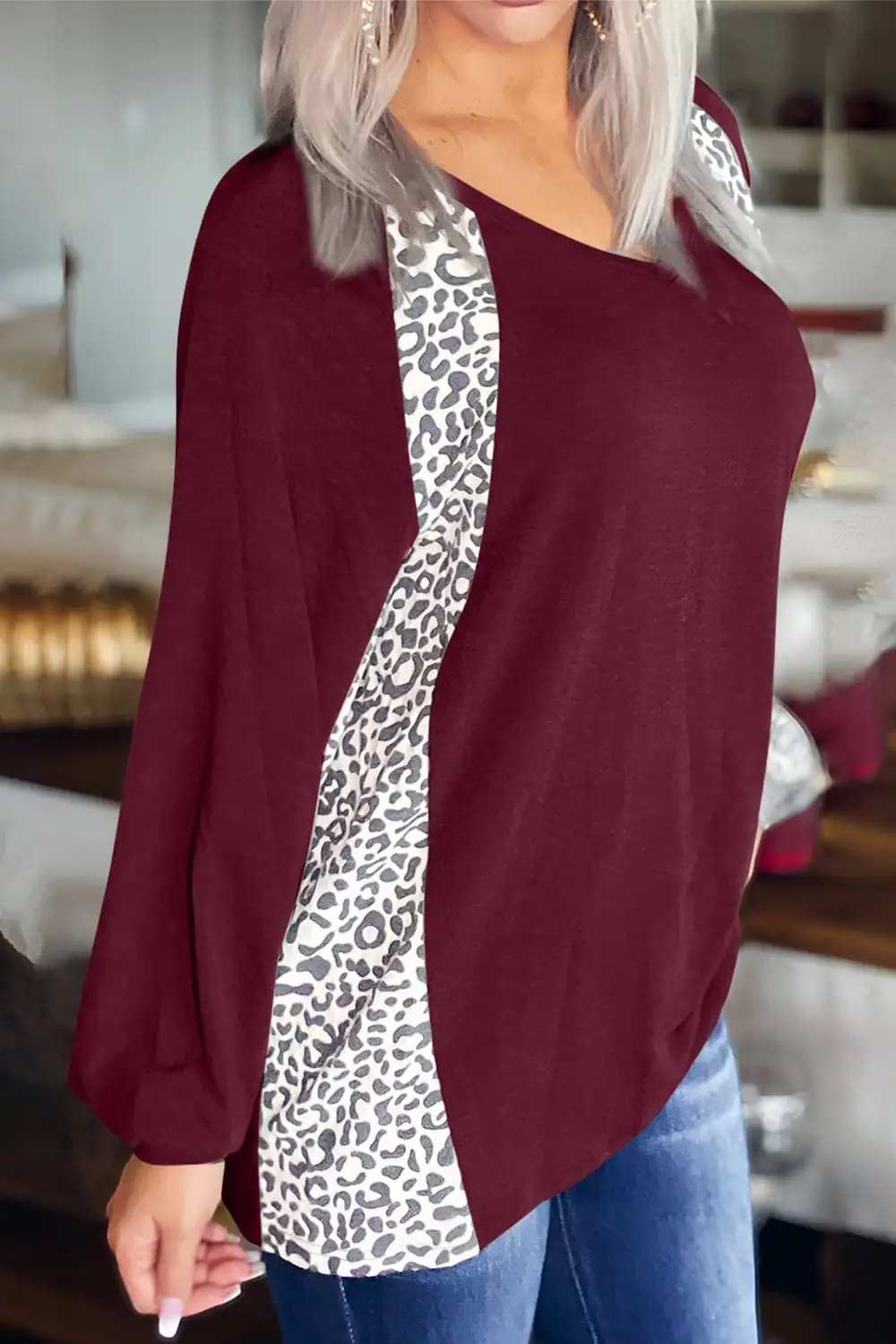 Full Size Leopard V-Neck Long Sleeve T-Shirt - Trendsi - Flyclothing LLC